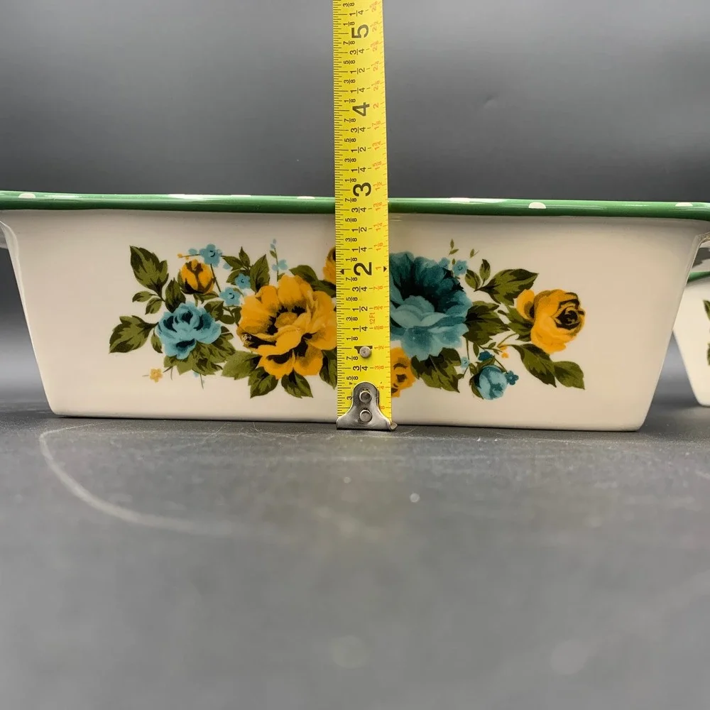 Pioneer Woman Rose Shadow Loaf Pan Set of 2 Stoneware Green Polka Dot Floral